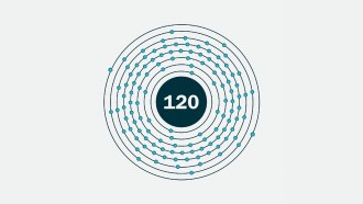 An illustration of element 120 shows 120 electrons arranged around a nucleus.