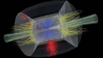 Curving lines radiate from the center of this image, showing tracks of particles.